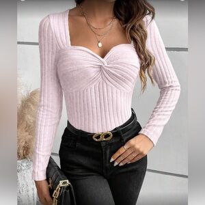 Elegant Pink  Ribbed Long Sleeve Top